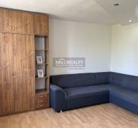 A sofa and a wooden wardrobe in a studio apartment with a parquet floor.