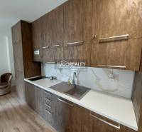 A kitchen with wooden cabinets and a sink, part of a studio apartment.