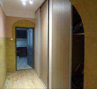 A hallway with a wooden floor, built-in wardrobe, and arched ceiling in a family house.