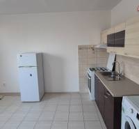 Kitchen corner with a refrigerator, washing machine, and cabinets in a studio apartment.
