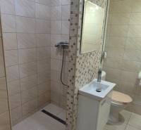 Bathroom in a studio apartment with a shower and a sink, featuring modern tiles.