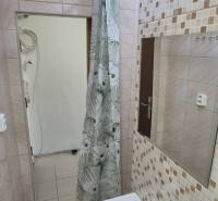 A bathroom in a studio apartment with a sink, shower, and tiles in beige tones.
