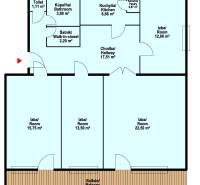Floor plan of a 4-room apartment with a balcony, kitchen, bathroom, hallway, and pantry.