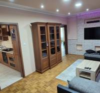 Living room with wooden furniture and a view into the kitchen in a studio apartment.