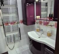 A bathroom in a studio apartment with dark furniture, decorations, and elegant sanitary ware.