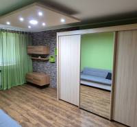 Living room with wooden floor, green curtains, and a large built-in wardrobe.