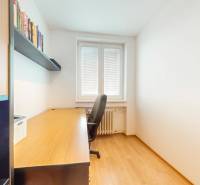 A workspace in a 2-room apartment with a large desk and shelves for books.