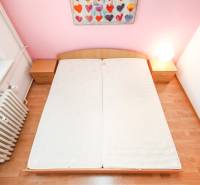 Bedroom with a double bed, pink wall, and radiator, 2-room apartment.