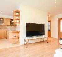 Living room with a TV and kitchen in a 2-room apartment.