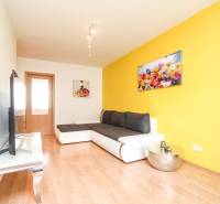 Living room with a sofa, yellow wall, and a painting in a 2-room apartment.