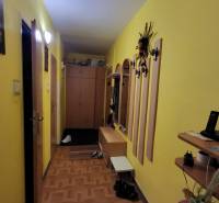 A hallway in a 3-room apartment with yellow walls, wardrobes, and a wall-mounted coat rack.
