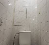 A bathroom with tiles in a 3-room apartment, a fan on the ceiling.
