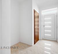 Entrance hall with white walls and wooden doors in a family house.