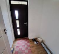 Entrance hall in a family house with dark doors and a red carpet.