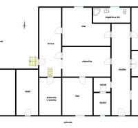 Floor plan of a family house with a terrace, workshop, and garden. It includes rooms and practical spaces.