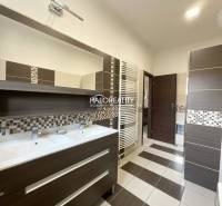 A bathroom in a family house with a double sink and mosaic tiles.