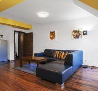 A living room in a 2-room apartment with a dark couch, wooden floor, and a striking yellow wall.