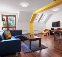 Living room in a two-room apartment with a blue sofa, wooden table, and television.