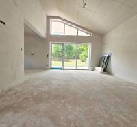 A large, unfurnished space in a family house with a window to the garden.