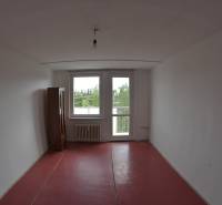 A room with a red floor and a wardrobe in a 2-room apartment, view of greenery.