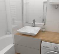 Bathroom with a sink, bathtub, and washing machine in a 2-room apartment, with a minimalist design.