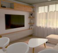 Living room in a two-room apartment with a TV, sofa, and light furniture.