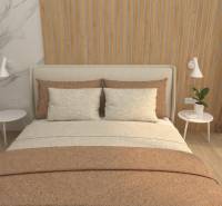 Bedroom in a 2-room apartment with a bed, nightstands, and a decorative wall.
