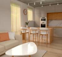 Bright living room with kitchen, sofa, painting, and bar stools in a 2-room apartment.
