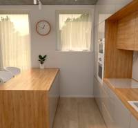 A kitchen in a 2-room apartment with wooden furniture, a bar counter, and stools.