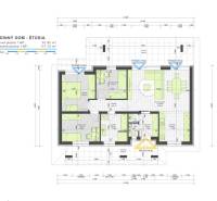 Floor plan of a family house with three bedrooms, a kitchen, a living room, a bathroom, and a terrace.