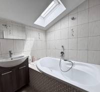 A bathroom interior with a skylight, sink, and bathtub.