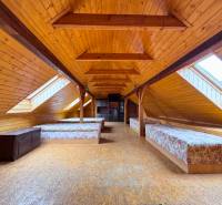 Attic gastro spaces with wooden paneling and skylights.