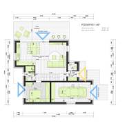 Floor plan of a family house with a kitchen, living room, garage, and bedroom, House construction.