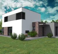 A family house under construction in Western Slovakia surrounded by lawn and greenery.