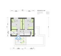 Floor plan with two rooms, a hallway, a bathroom, and a terrace for house construction.