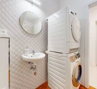 Washer-dryer, sink, and mirror in the bathroom of a five or more room apartment.