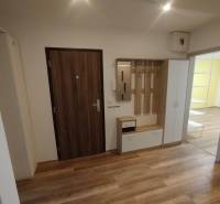 A hallway in a 3-room apartment with a wooden floor and a coat rack wall.