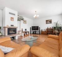 Living room in a family house with a fireplace, sofa, and television.