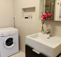 Bathroom with a washing machine, sink, and decoration on Palisády Street, 2-room apartment.