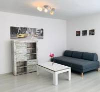 Living room on Palisády Street. Bright 2-room apartment with a sofa and a table.