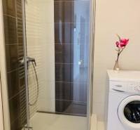 Shower corner and washing machine on Palisády in a 2-room apartment, bathroom in light tones.