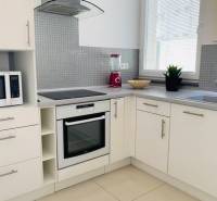 White kitchen with an oven, sink, and blender in a 2-room apartment on Palisády Street.
