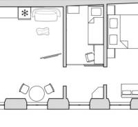 Floor plan of a 3-room apartment with a balcony, kitchen, living room, bedroom, and bathroom.