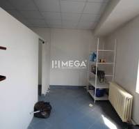 Commercial space with shelves, a radiator, and blue tiles in the interior.