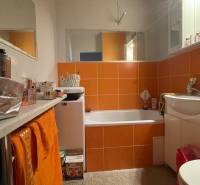 A bathroom with white furniture and orange tiles in a studio apartment.
