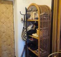 Storage space with a mesh shelf by the door in a studio apartment.