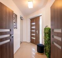 Entrance hall of a family house with wooden doors, green decoration, and a mirror.