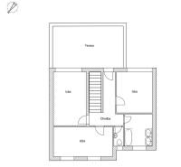 A multi-story floor plan of a family house in Kvetoslavov with a terrace and three rooms.