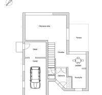 Ground floor plan of a family house in Kvetoslavov with a storage room, garage, terrace, and kitchen.