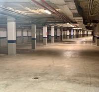 Underground parking with lighting and concrete pillars, recreational apartment.